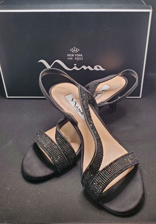 Nina Shoes - Nina Shoes Nieves Rhinestone Slingback Womens Black Luster Satin Dress Size 8